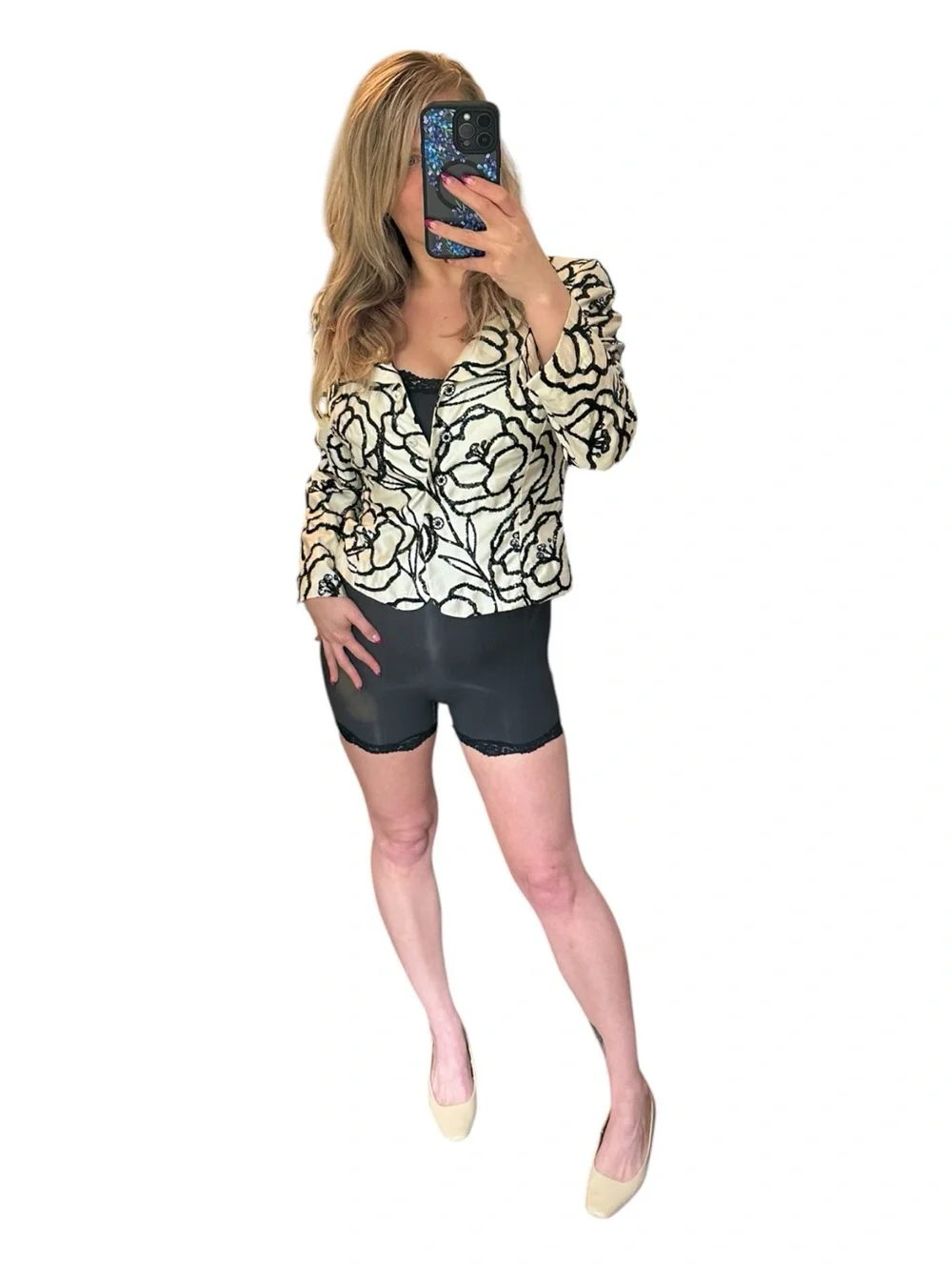 Tahari 100% Silk White Blazer with Black Sequined Floral Embroidery Size 8